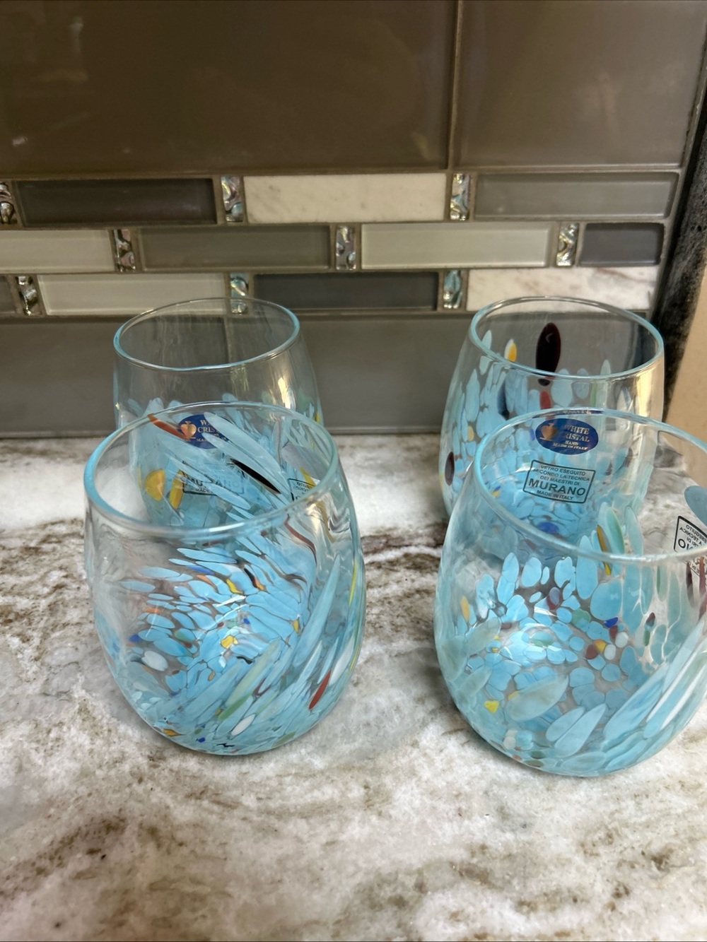 Cristal Murano Hand Blown Stemless Wine Glasses. Set of 4 Sea Side Ocean ITALY
